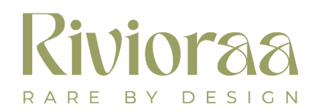 Rivioraa Rare By Design logo in olive green serif and sans-serif lettering on a solid white background.